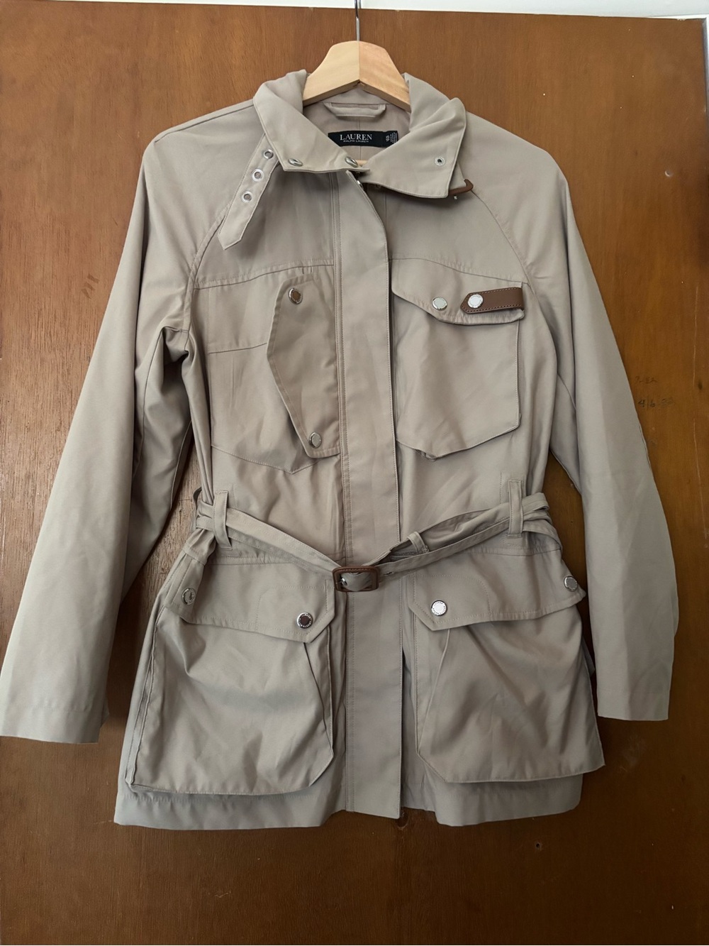 Lauren Ralph Lauren khaki belted trench field jacket full zip cargo pockets